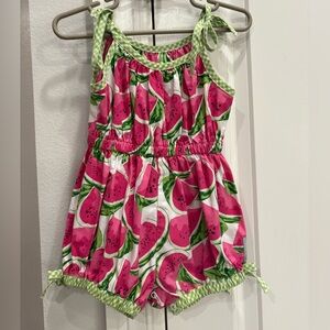 Eleanor Rose pink and green watermelon romper 18 months VGUC Tie Straps